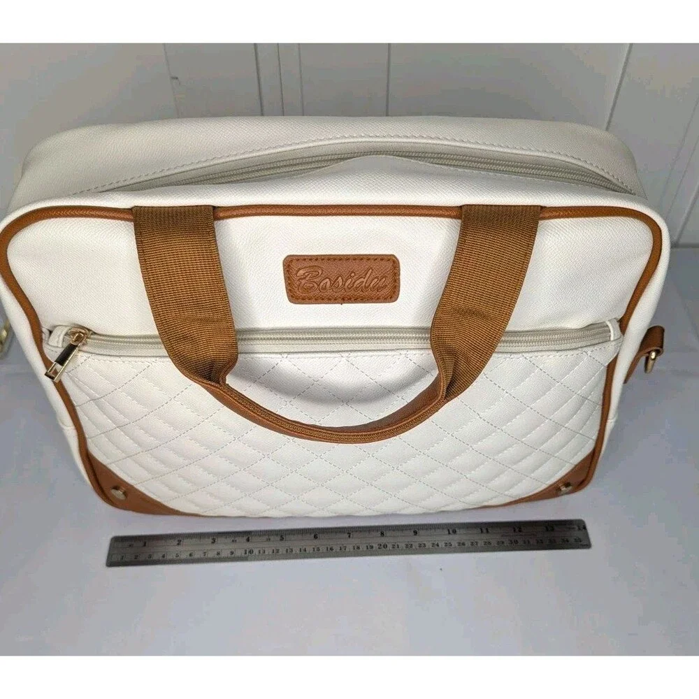 14 inch Laptop/Work Bag - Quilted White with Brown Trim
